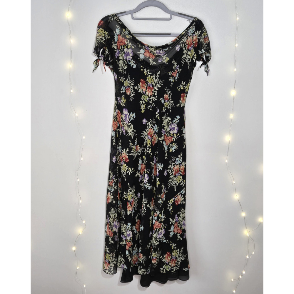VINTAGE Y2K JONES NEW YORK Dark Floral Tie Cap Sleeve Chiffon Midi Dress Size 4 - Picture 3 of 9
